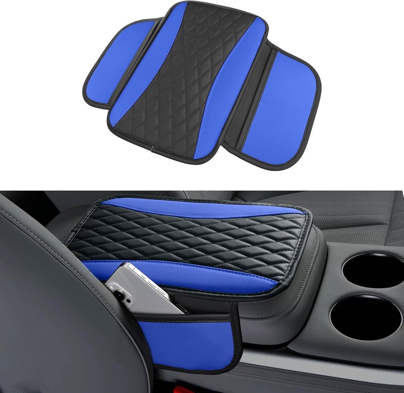 Tioollev Patchwork Leather Car Center Console Cover,Microfiber Leather Vehicle Armrest Protector Cushion with 2 Storage Bags,Universal Cars Armrest Cushion for SUV, Sedan, Truck (Blue) - Image 1
